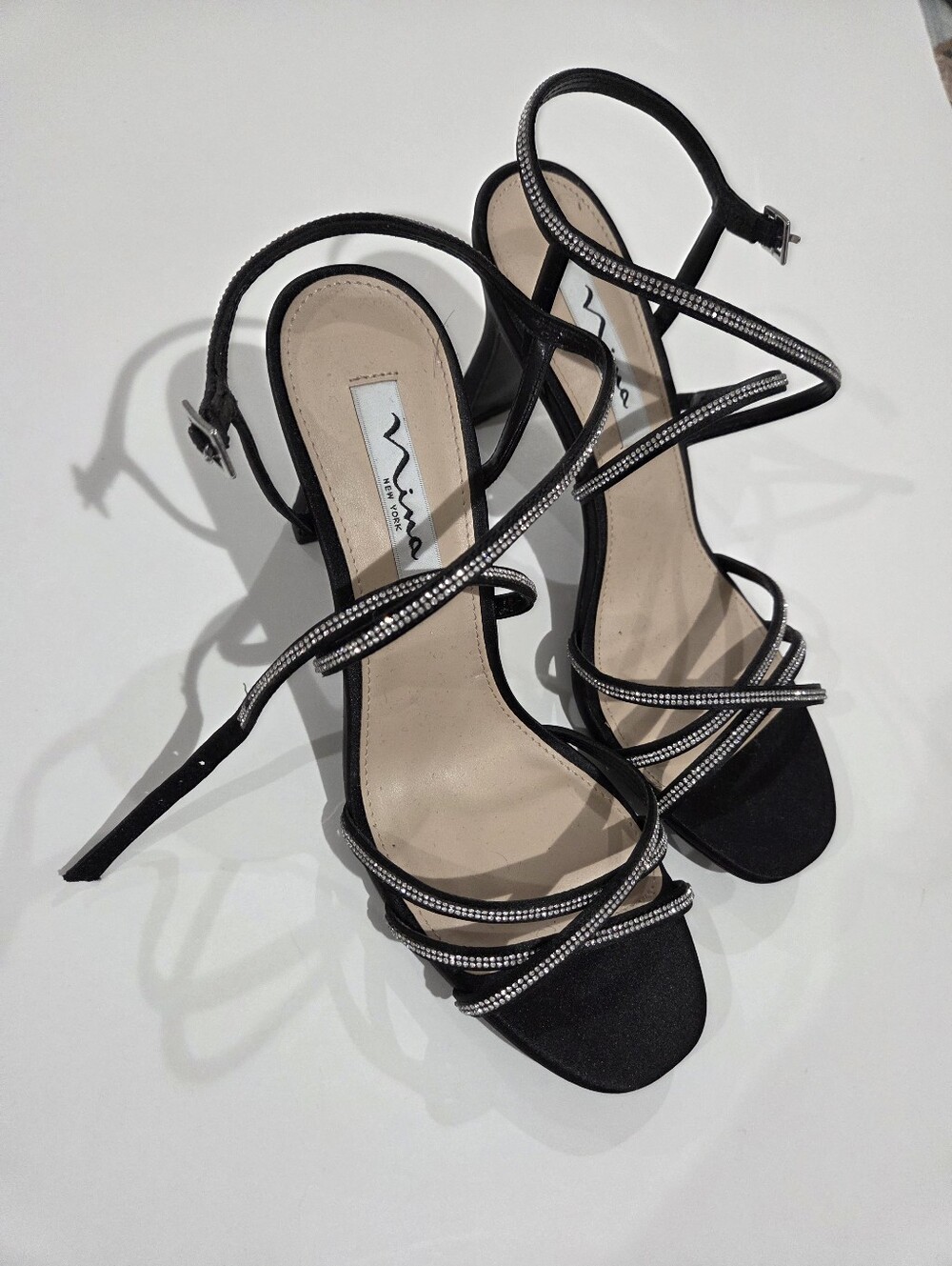 Nina Anna Navy Satin Mid Heel Sandals Size 8